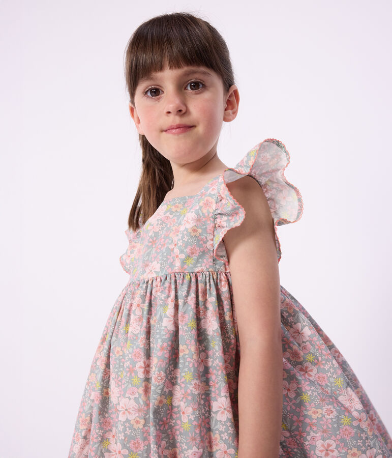 Robe sans manches enfant en coton imprim&eacute;e fleurs bleu/multicouleur