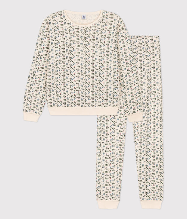 Pyjama femme en coton &eacute;cru/bleu/multicouleur