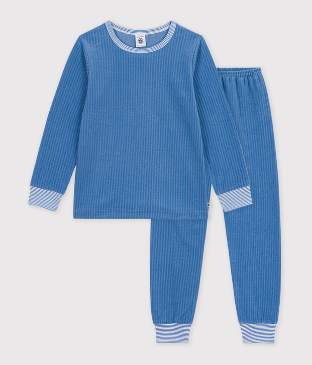 Pyjama enfant en velours c&ocirc;tel&eacute; uni bleu