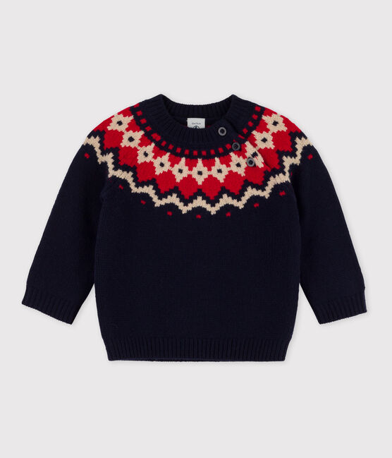 Pull jacquart en tricot laine et coton bébé bleu SMOKING/blanc MULTICO