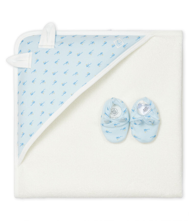 Coffret carr&eacute; de bain et chaussons b&eacute;b&eacute; en &eacute;ponge et c&ocirc;te bleu FRAICHEUR/blanc MULTICO