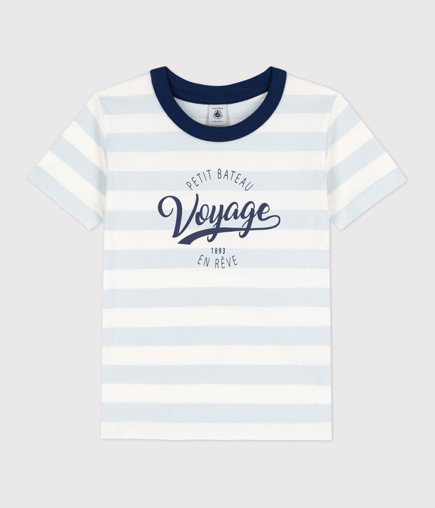 T-shirt manches courtes en coton enfant gar&ccedil;on bleu/blanc