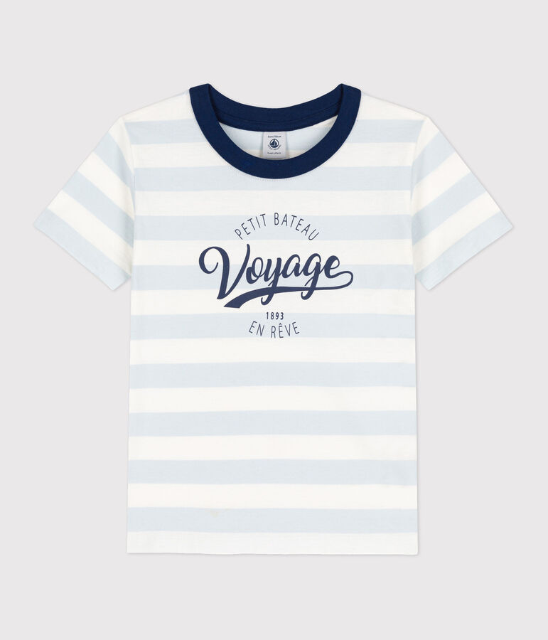 T-shirt manches courtes en coton enfant gar&ccedil;on bleu/blanc