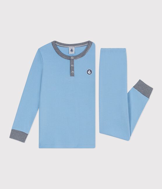 Pyjama enfant en coton col tunisien uni bleu FLO