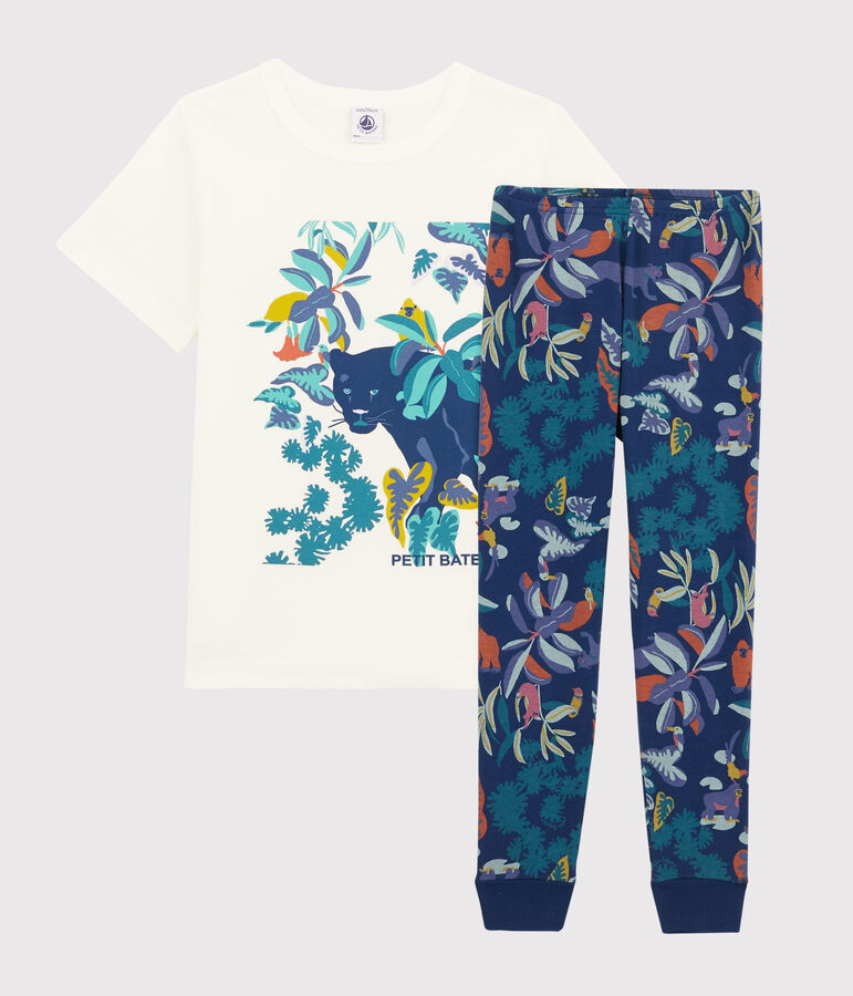 Pyjama jungle petit gar&ccedil;on en c&ocirc;te bleu MEDIEVAL/blanc MULTICO
