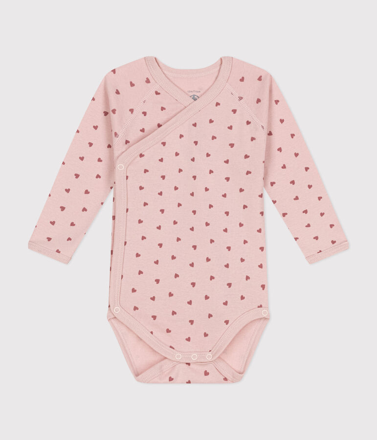 Body crois&eacute;s manches longues en coton b&eacute;b&eacute; rose/rose