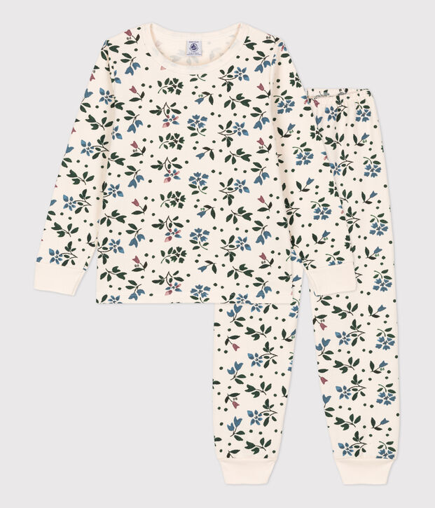 Pyjama fleur petite fille en molleton &eacute;cru/multicouleur