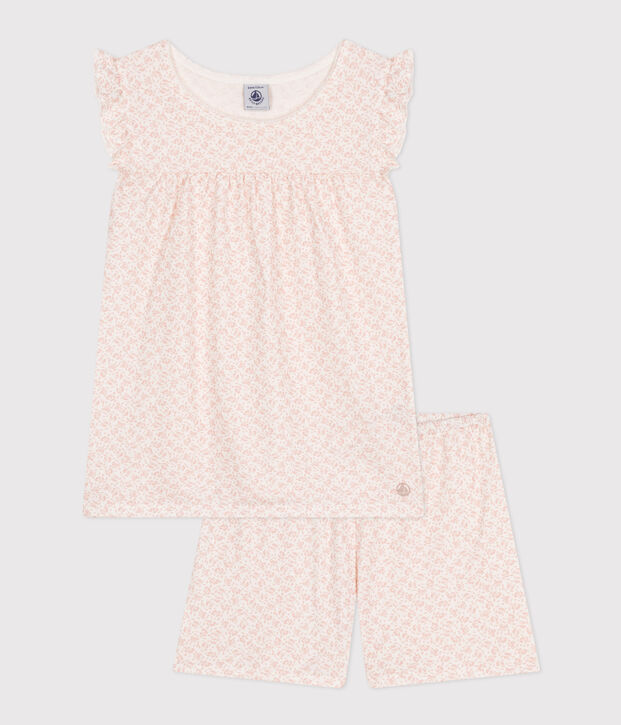 Pyjama short imprim&eacute; fleur en coton enfant blanc/rose