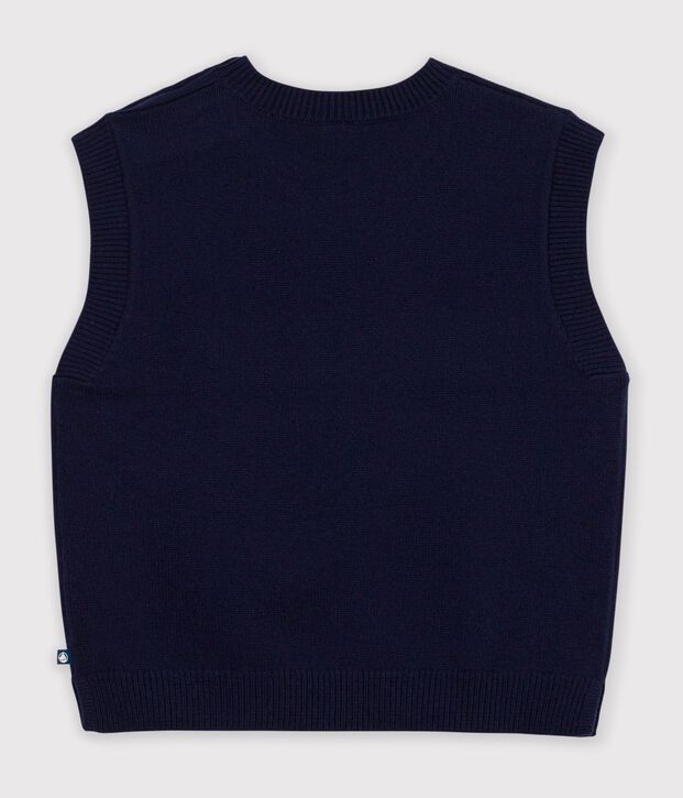 Pull sans manches femme en laine et coton uni bleu marine