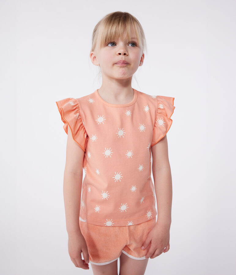 Teeshirt enfant en coton manches courtes imprim&eacute; orange ABRICOT/ MARSHMALLOW