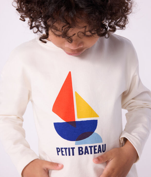 Tee-shirt enfant manches longues en coton imprim&eacute; blanc cass&eacute;