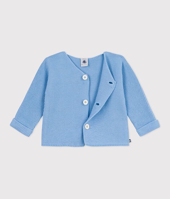 Cardigan bébé tricot point mousse en coton bleu FLO