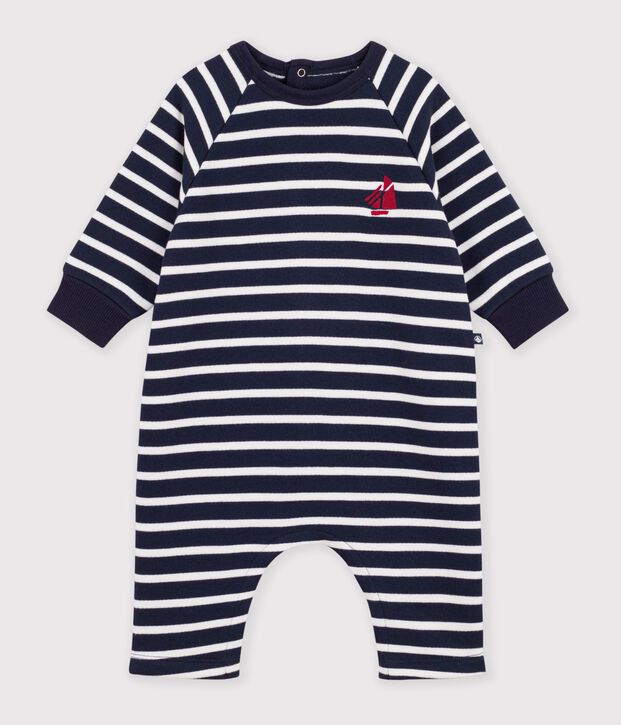 Combinaison longue b&eacute;b&eacute; en coton ray&eacute; bleu/blanc