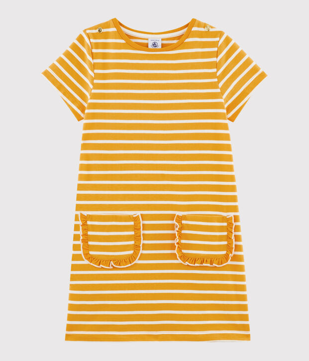 Robe manches courtes enfant fille jaune/blanc