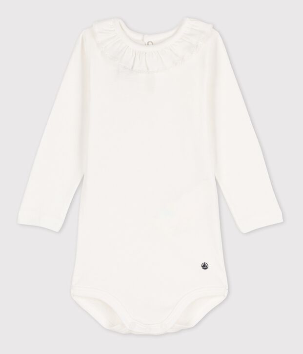 Body manches longues &agrave; collerette en coton b&eacute;b&eacute; blanc