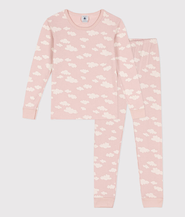 Pyjama ajust&eacute; en coton petite fille rose/blanc