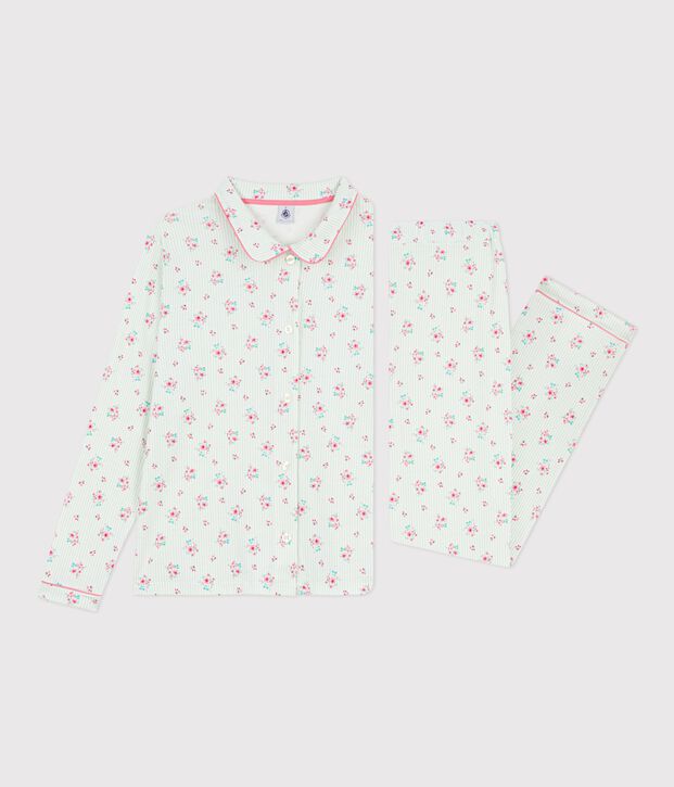 Pyjama boutonn&eacute; femme en coton imprim&eacute; blanc/multicouleur