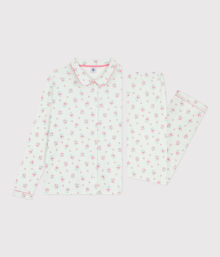 Pyjama boutonn&eacute; femme en coton imprim&eacute; blanc MARSHMALLOW/blanc MULTICO
