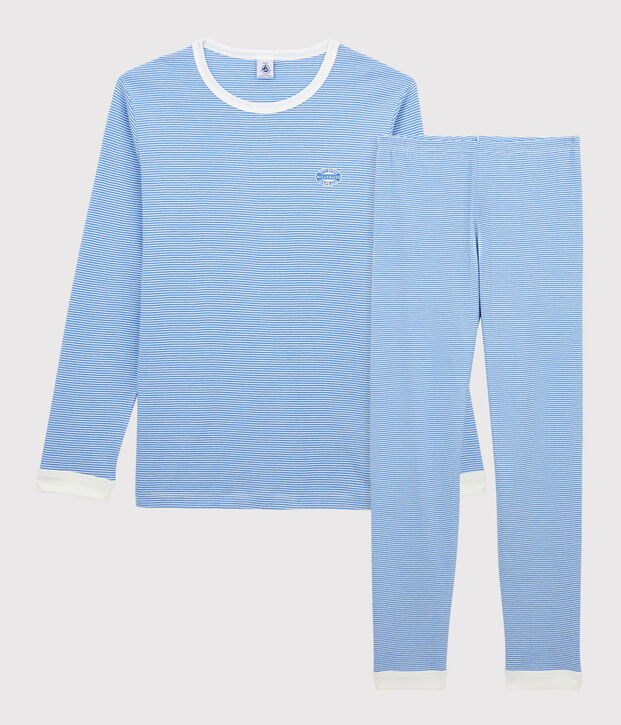 Pyjama milleraies bleu fille/gar&ccedil;on en coton biologique bleu/blanc
