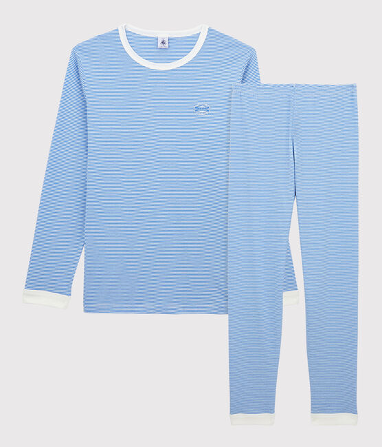 Pyjama milleraies bleu fille/garçon en coton biologique bleu BRASIER/gris MARSHMALLOW