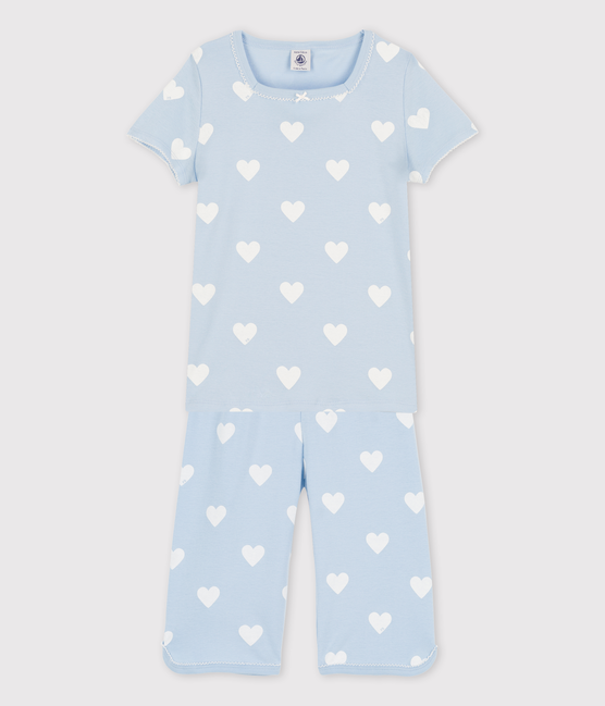 Pyjacourt bleu à cœur petite fille en coton biologique bleu JASMIN/blanc MARSHMALLOW
