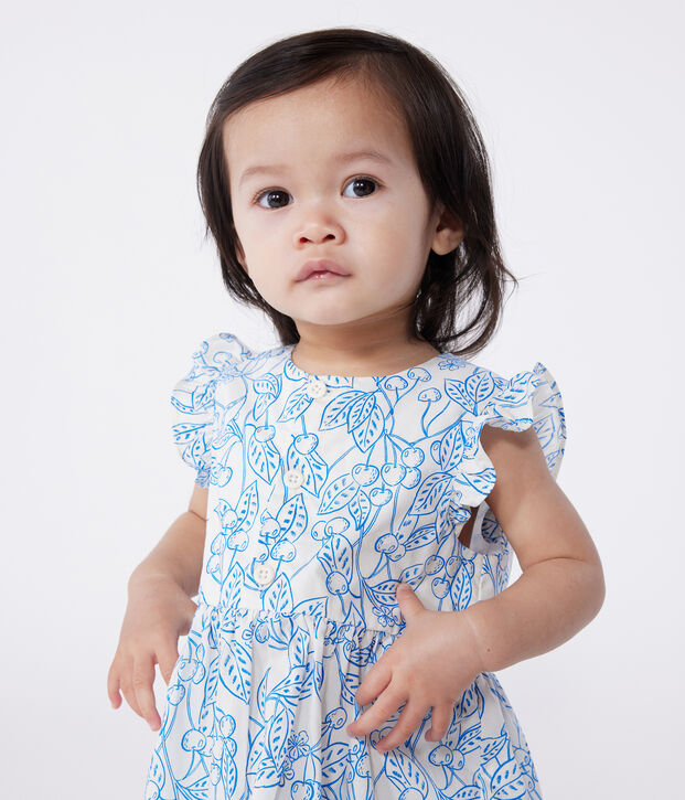 Robe b&eacute;b&eacute; en coton et son bloomer, imprim&eacute;s cerises bleues bleu/bleu