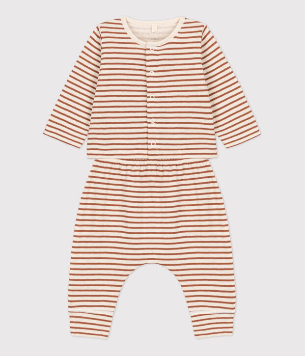 Ensemble 2 pi&egrave;ces b&eacute;b&eacute; &agrave; rayures en tubique en coton &eacute;cru/marron/&eacute;cru