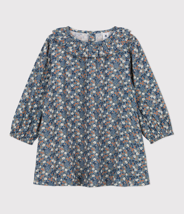 Robe fleurie &agrave; manches longues en gaze de coton enfant fille bleu/multicouleur