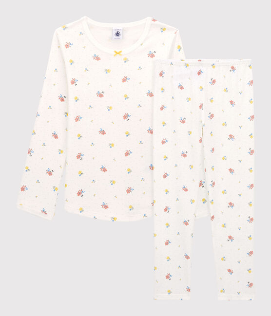 Pyjama fleurs petite fille en coton blanc MARSHMALLOW/blanc MULTICO