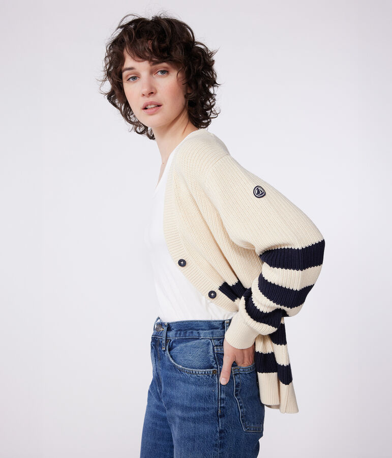 Cardigan femme en coton &agrave; rayures blanc AVALANCHE/bleu SMOKING