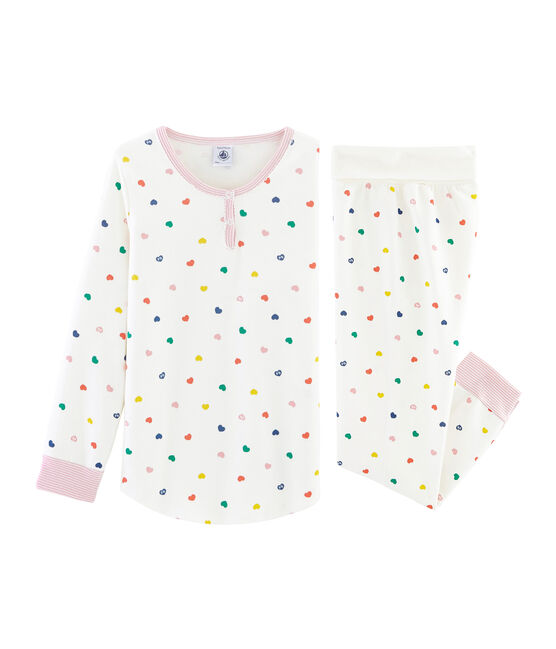 Pyjama petite fille taille montante en jersey double face blanc MARSHMALLOW/blanc MULTICO