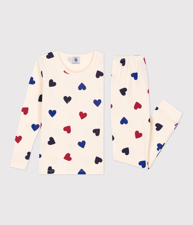 Pyjama ajust&eacute; c&oelig;ur petite fille en coton &eacute;cru/multicouleur