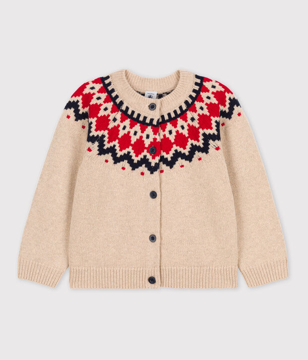 Cardigan laine et coton enfant fille beige/multicouleur