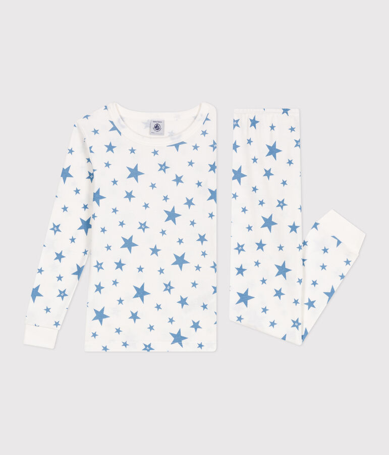 Pyjama tr&egrave;s ajust&eacute; enfant en coton imprim&eacute; blanc MARSHMALLOW/bleu ALASKA