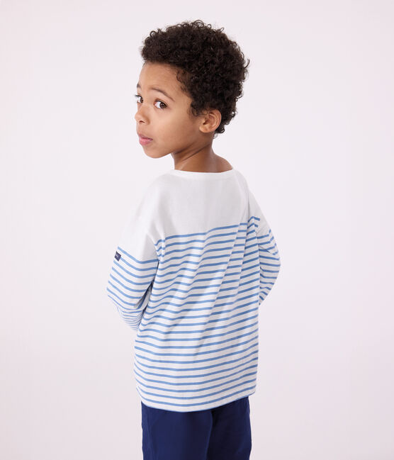 Teeshirt marinière enfant en coton manches longues blanc MARSHMALLOW/bleu ALASKA