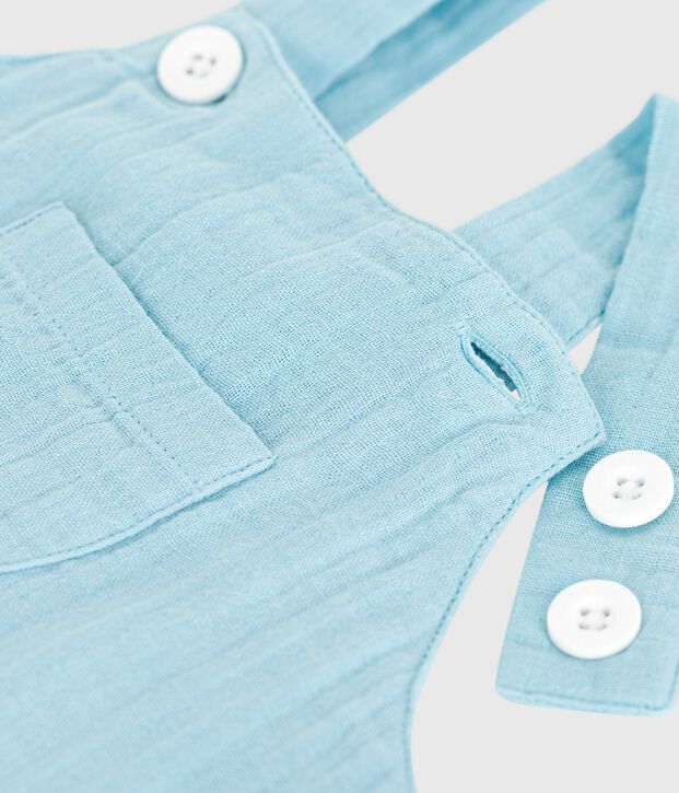 Salopette b&eacute;b&eacute; en gaze de coton jambes courtes, unie bleu
