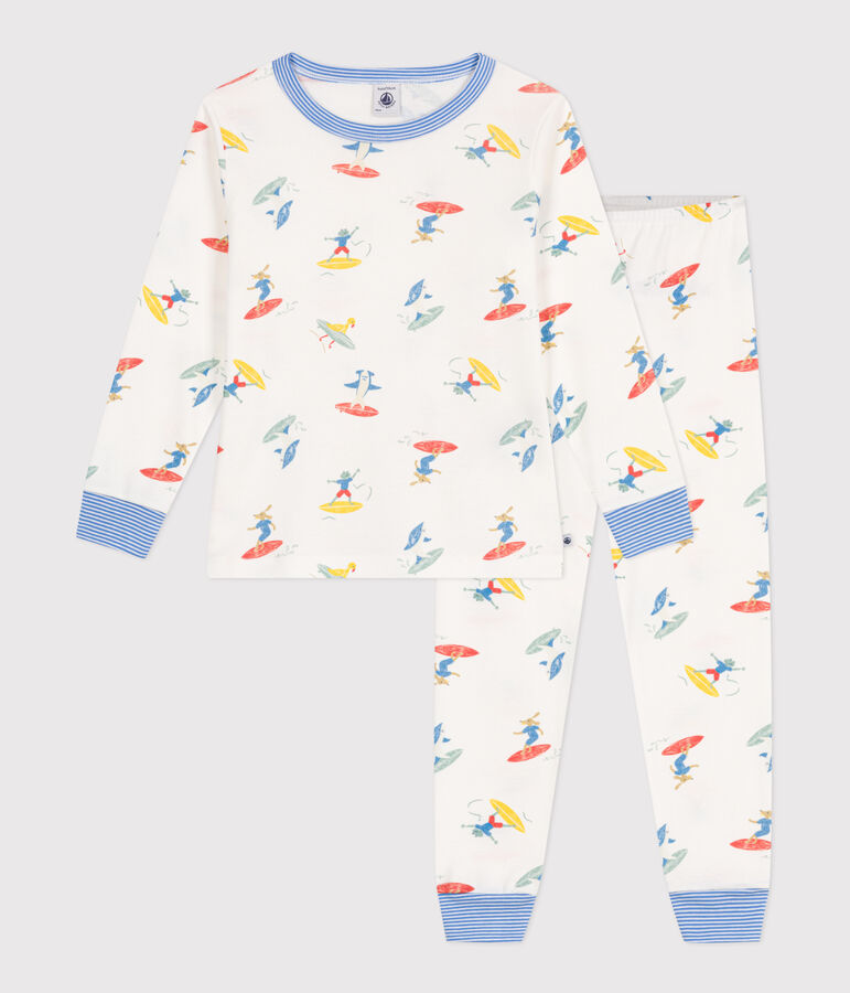Pyjama enfant en coton manches longues imprim&eacute; surfeurs blanc MARSHMALLOW/blanc MULTICO