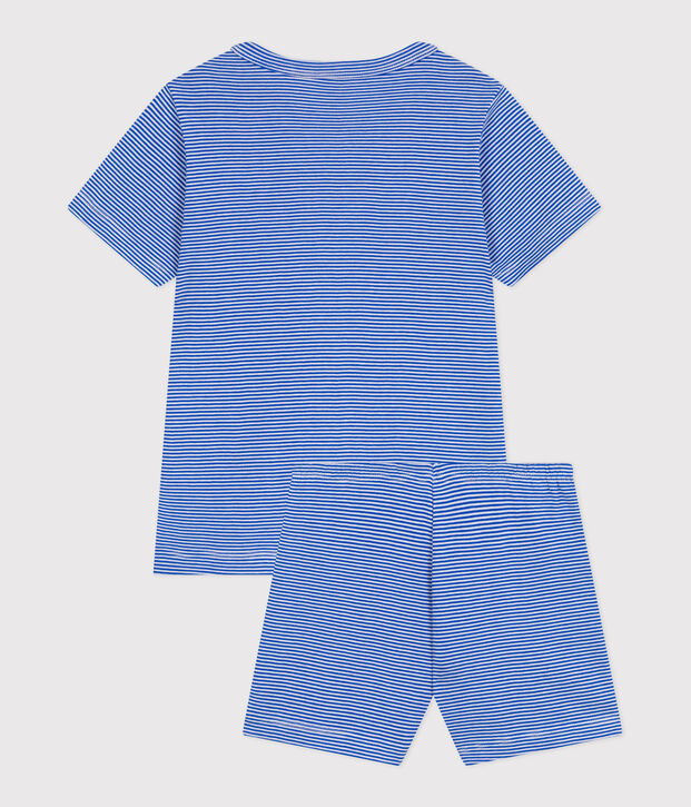 Pyjama short enfant en coton &agrave; rayures bleu/blanc