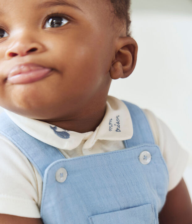 Salopette courte b&eacute;b&eacute; en gaze de coton unie bleu