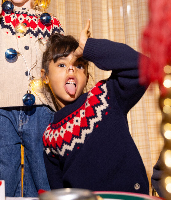 Pull jacquard en laine et coton enfant fille / garçon bleu SMOKING/blanc MULTICO