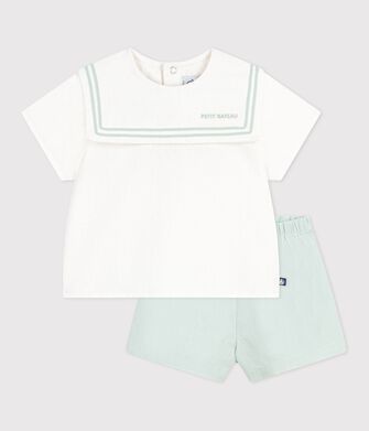 Ensemble b&eacute;b&eacute; 2 pi&egrave;ces en coton/lin, haut col marin