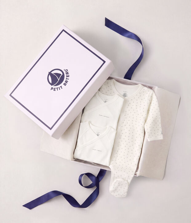 Coffret cadeau de naissance en coton imprim&eacute; &agrave; petits c&oelig;urs multicouleur