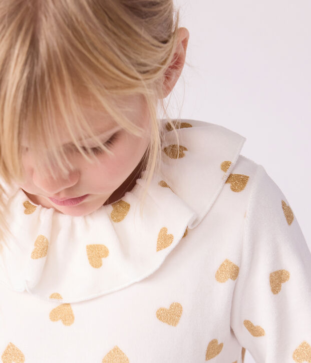 Pyjama enfant en velours imprim&eacute; c&oelig;urs dor&eacute;s paillettes &eacute;cru/jaune
