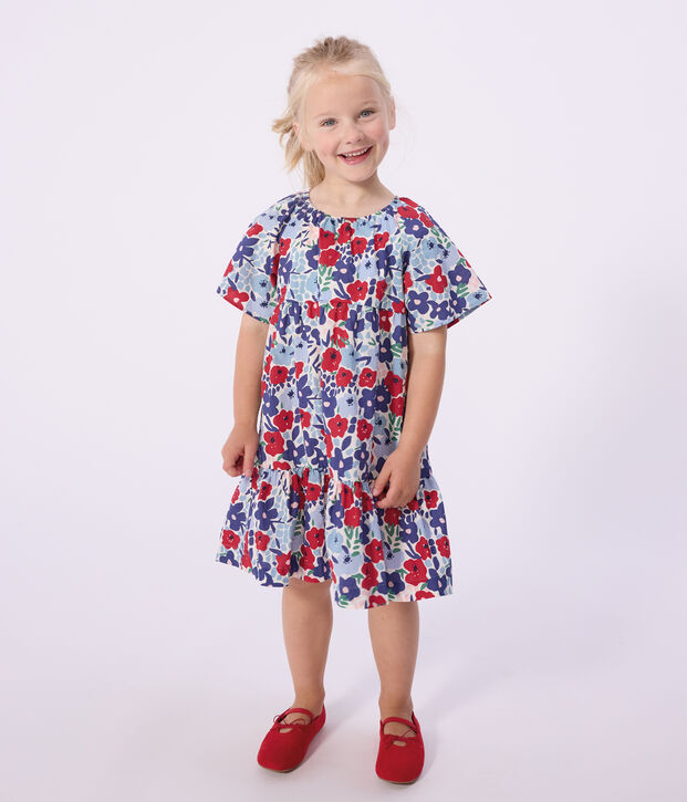 Robe enfant manches courtes en coton imprim&eacute;e fleurs blanc/multicouleur