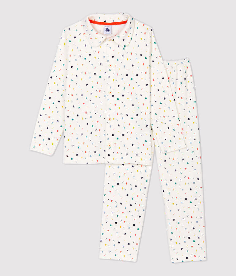 Pyjama imprim&eacute; lettres multicolores petit gar&ccedil;on en coton biologique blanc MARSHMALLOW/blanc MULTICO