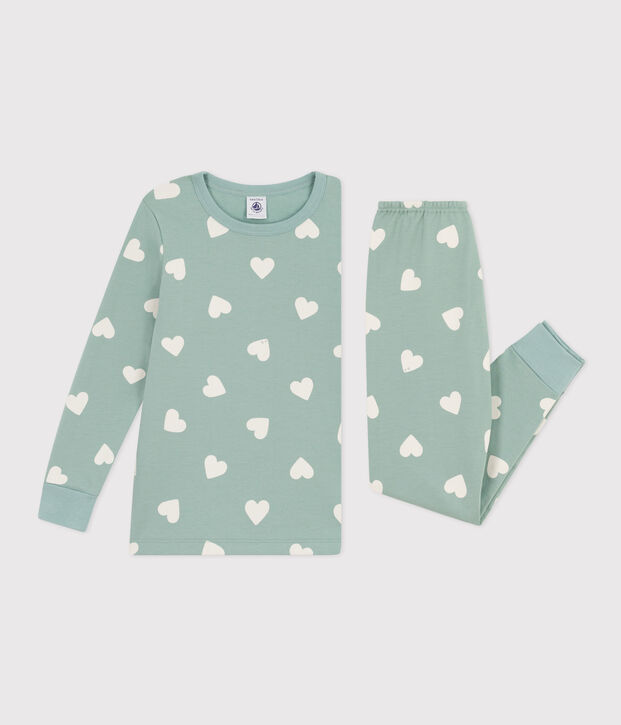 Pyjama c&oelig;ur en molleton enfant vert/&eacute;cru