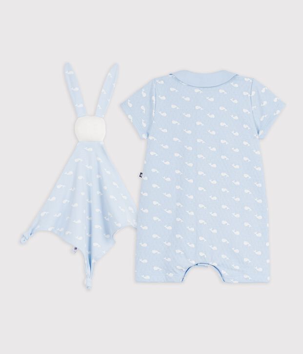Ensemble cadeau b&eacute;b&eacute; combinaison et doudou imprim&eacute;s baleines bleu/blanc