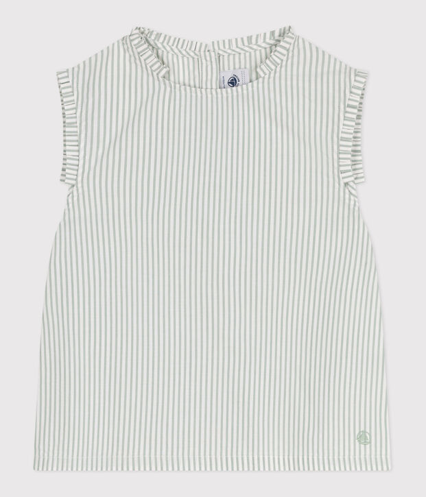Blouse enfant en coton sans manche &agrave; rayures vert/blanc