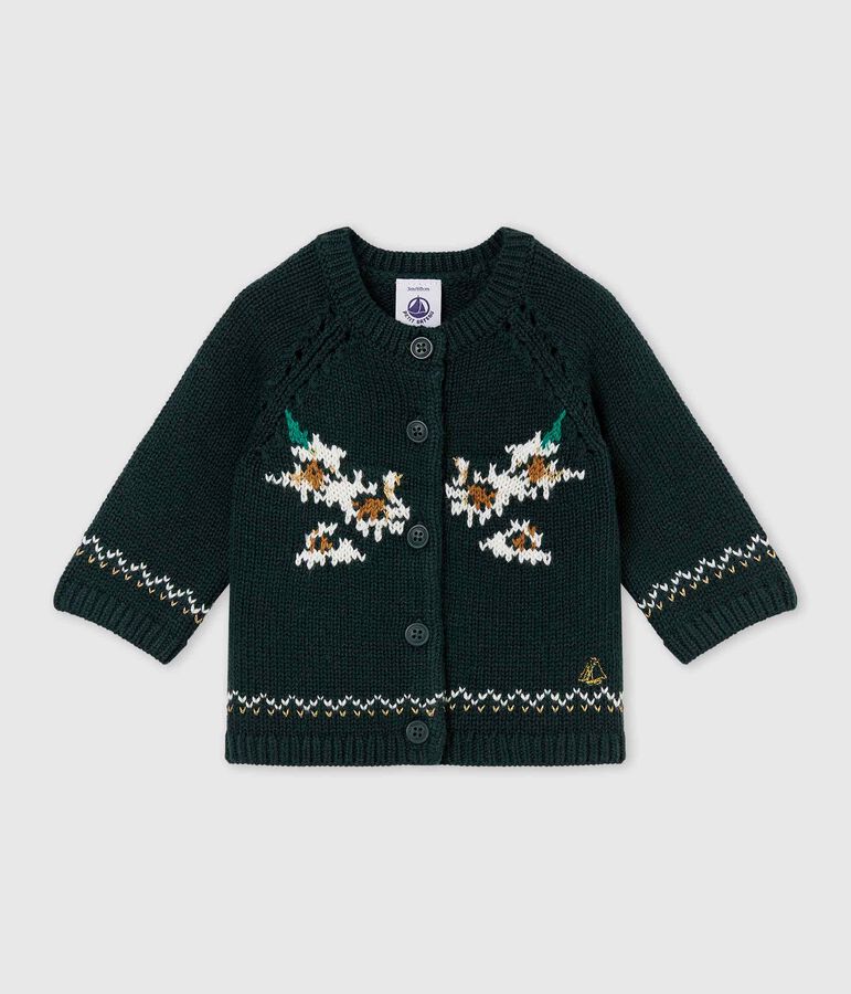 Cardigan tricot jacquard laine et coton b&eacute;b&eacute; fille vert/multicouleur