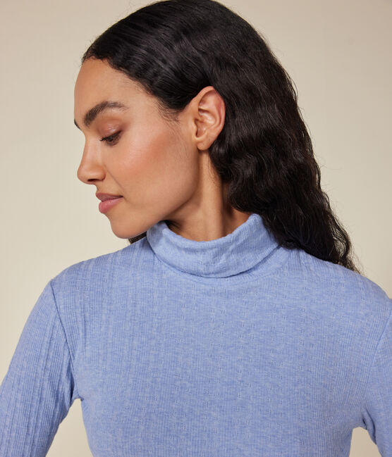 Tee-shirt l'iconique col roulé en côte fantaisie femme bleu SKY CHINE